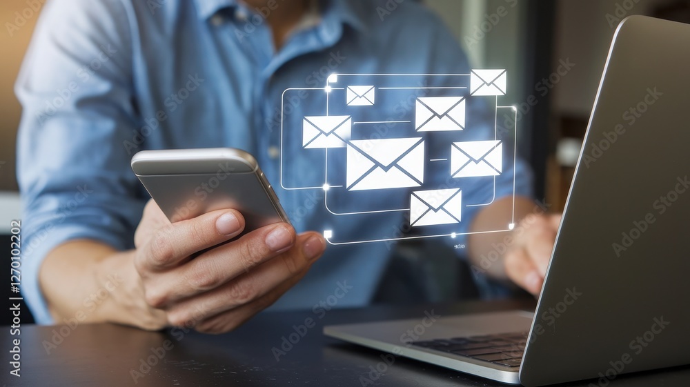 Man manages emails on phone and laptop simultaneously Man manages emails on phone and laptop simultaneously