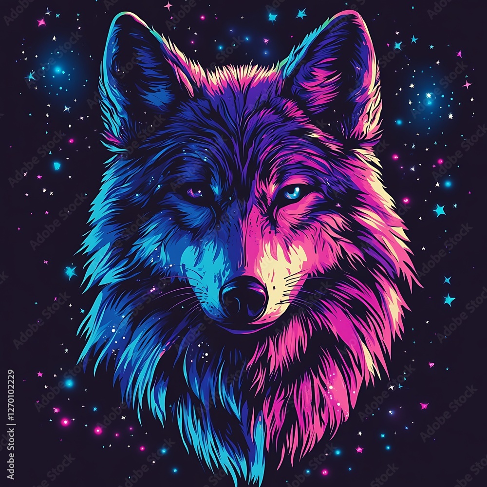 Naklejka premium Colorful wolf portrait in a space background. Possible use for social media, prints, posters