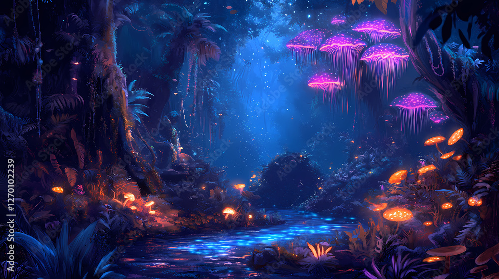 Lush digital painting of a bioluminescent rainforest at night with glowing flora mistcovered vines and exotic neon mushrooms. Lush Neon Rainforests. Illustration Lush digital painting of a bioluminescent rainforest at night with glowing flora mistcovered vines and exotic neon mushrooms. Lush Neon Rainforests. Illustration