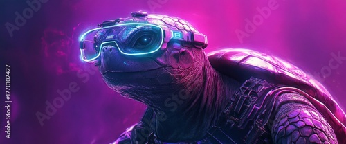 Futuristic turtle wearing vr headset immersed in metaverse digital world neon glow cyber style