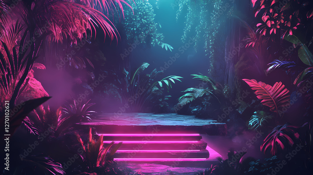 Stone platform with neon light in lush jungle. Lush Neon Rainforests. Illustration Stone platform with neon light in lush jungle. Lush Neon Rainforests. Illustration