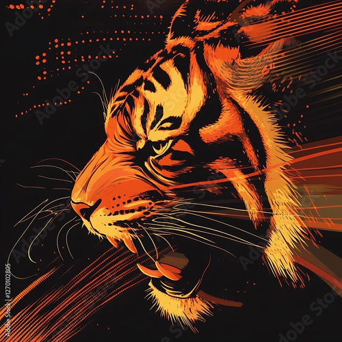 Fierce Tiger Portrait, Digital Art, Abstract Background photo