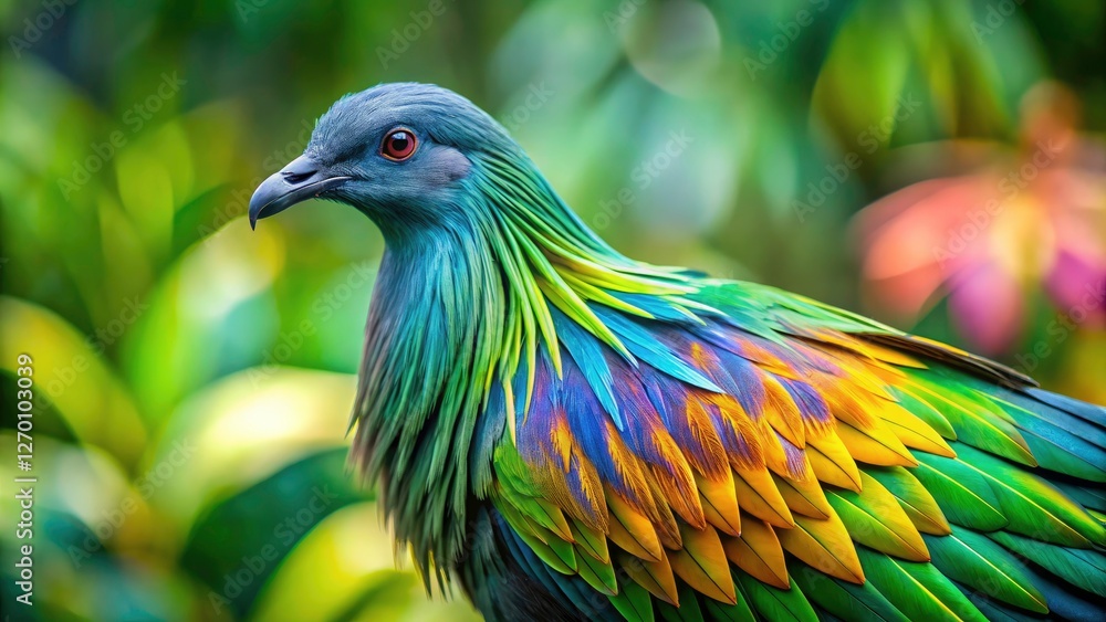 Obraz premium Rule of thirds guides the eye to vibrant Nicobar pigeon feathers in this stunning nature and wildlife photograph.