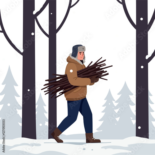 Person carrying firewood through snowy forest in flat vector art