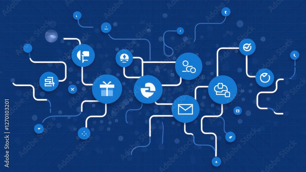 Conceptual diagram showing linked icons representing various business processes Conceptual diagram showing linked icons representing various business processes