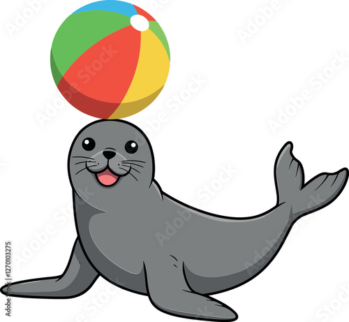 Cute seal balancing a colorful beach ball in flat vector art