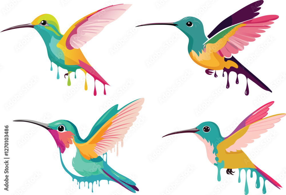 Obraz premium Colorful hummingbird collection watercolor art illustration liquid fluid texture