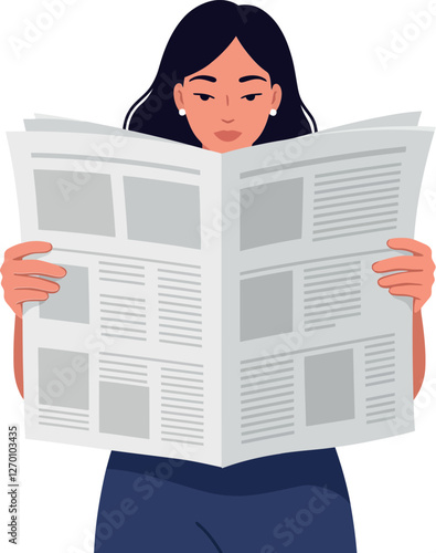 Woman reading newspaper in a flat design vector illustration