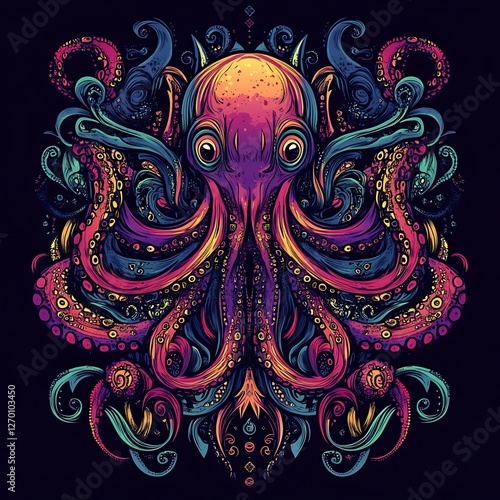 Vibrant octopus graphic design, decorative swirls photo