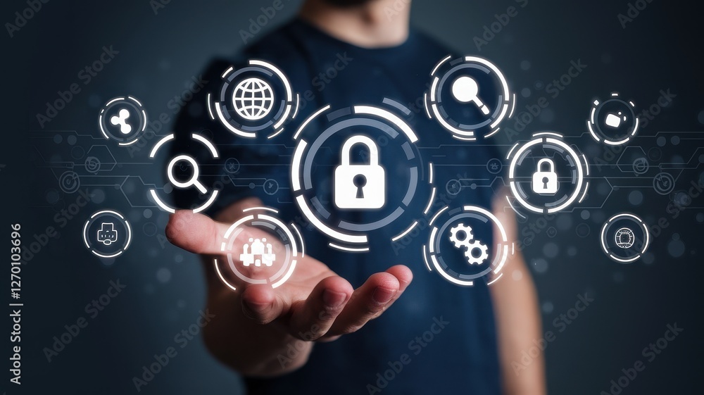 Person holding virtual lock surrounded by security icons Person holding virtual lock surrounded by security icons