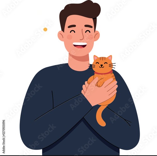 Happy man holding a cat in a flat vector illustration