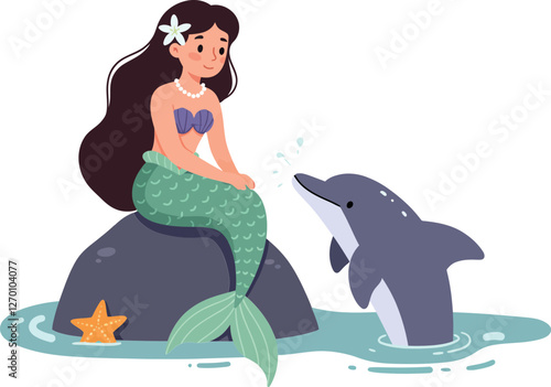 Mermaid sitting on rock interacting with dolphin in flat vector art