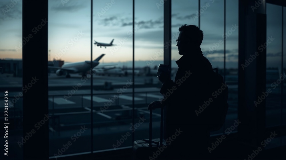 Air travel, passenger waiting at the airport, silhouette of a traveler watching a plane take off. Air travel, passenger waiting at the airport, silhouette of a traveler watching a plane take off.
