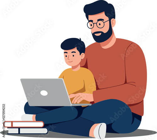 Father and son learning together in a modern flat vector art