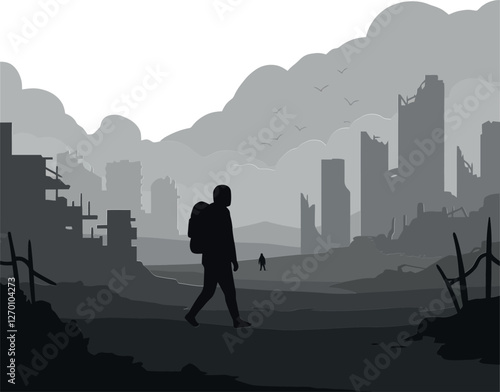 Silhouette of a Traveler in a Post-Apocalyptic Landscape Vector Art