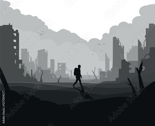 Dark silhouette of a traveler in a desolate cityscape, minimal vector art
