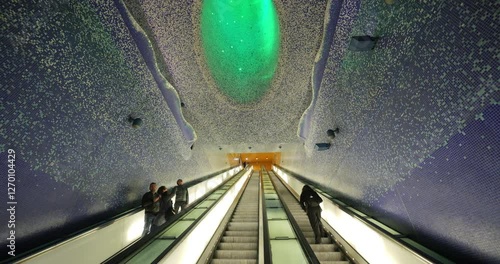 The shining multicolor ceiling artwork of the famous Toledo metro station in Naples, Italy, considered the most beautiful station in Europe