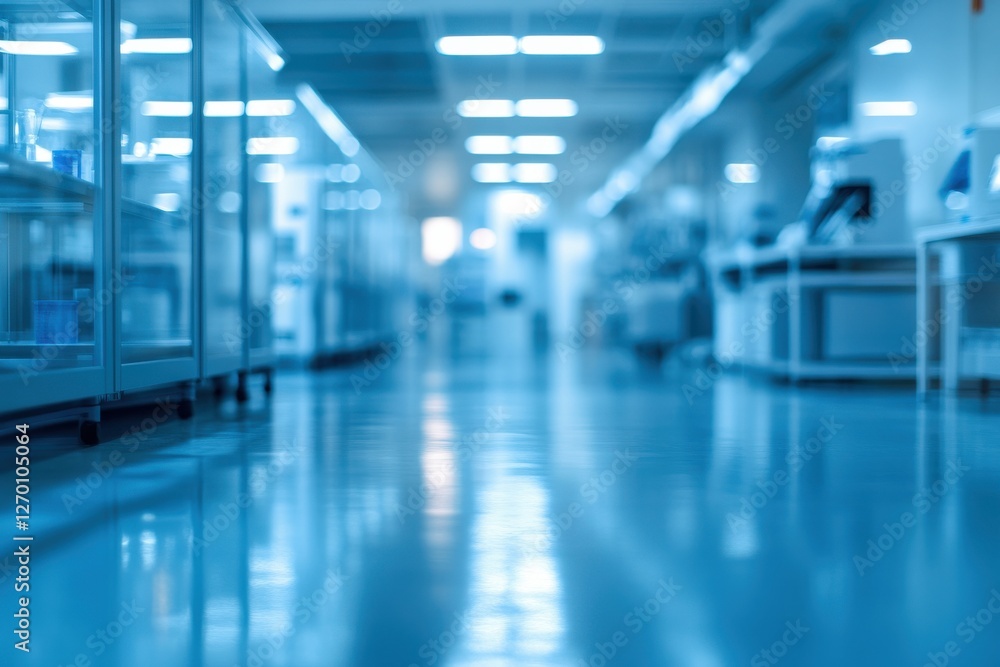 Fototapeta premium Blurred high-tech research facility with abstract light bokeh and empty workspace