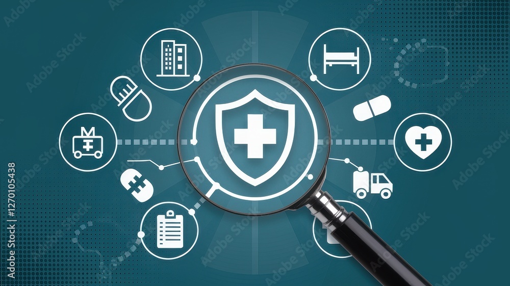 Magnifying glass focuses on healthcare shield symbol concept Magnifying glass focuses on healthcare shield symbol concept