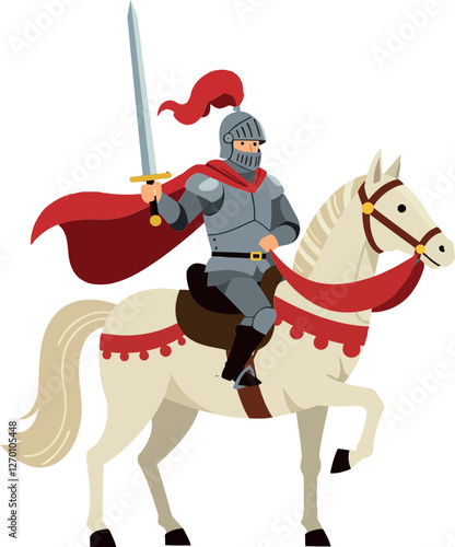 Knight on a horse with sword in flat vector art style