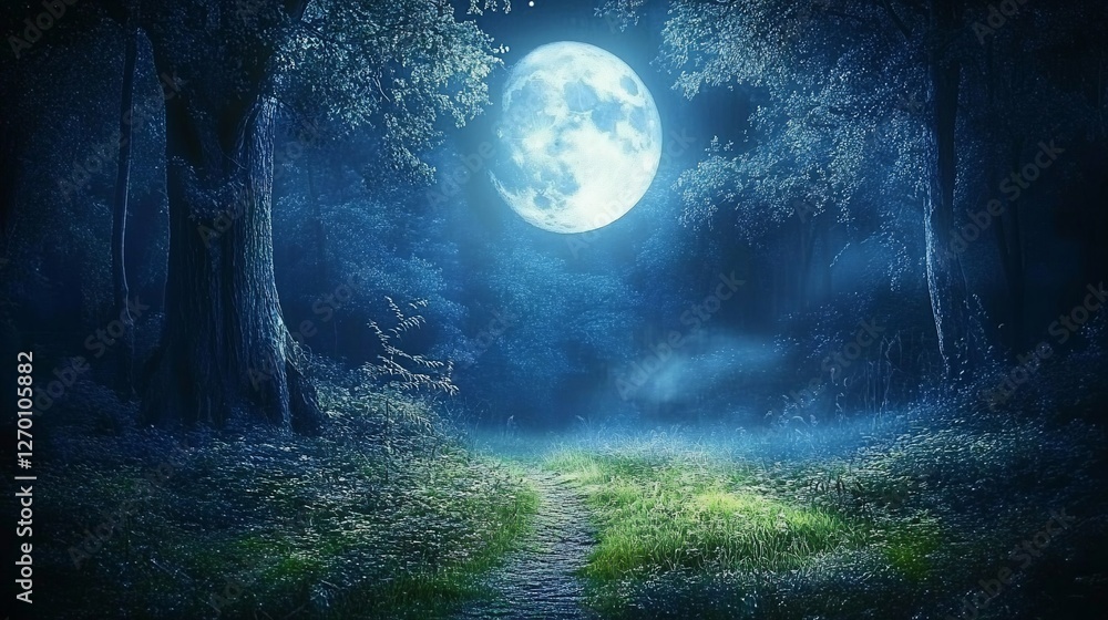 Fototapeta premium Moonlit path through a mystical forest at night.