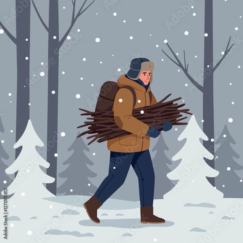 Person carrying firewood in winter forest flat vector illustration