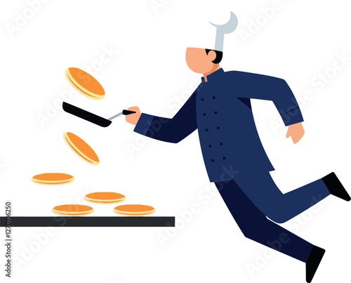 Chef flipping pancakes in a dynamic pose, flat vector illustration