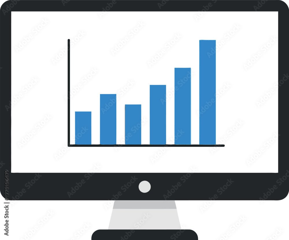 Computer monitor displaying a rising bar graph in flat vector art Computer monitor displaying a rising bar graph in flat vector art