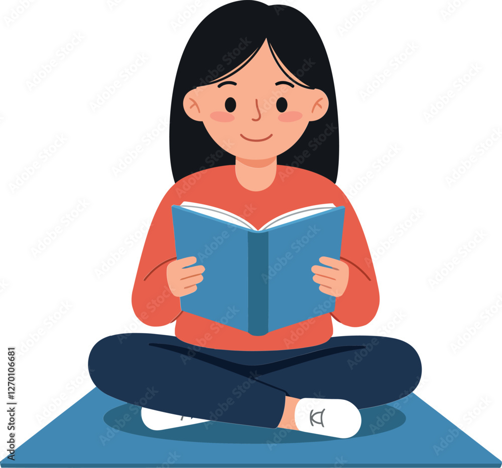 Girl sitting on mat reading book in flat vector art Girl sitting on mat reading book in flat vector art