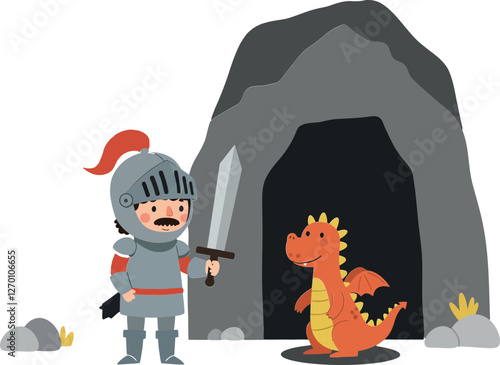 Knight standing bravely before a friendly dragon in minimal vector art