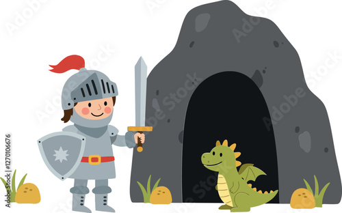 Knight standing in front of cave with friendly dragon vector illustration
