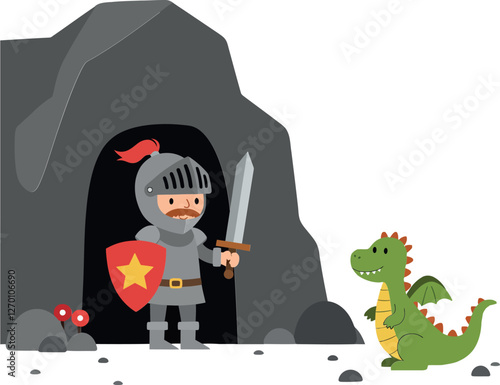 Brave knight confronting a friendly dragon in flat vector art