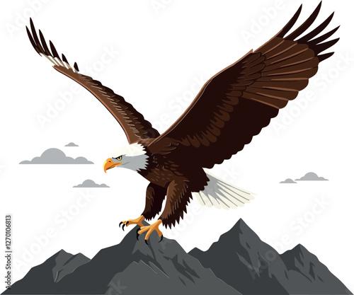 Majestic eagle soaring above mountains in flat vector art