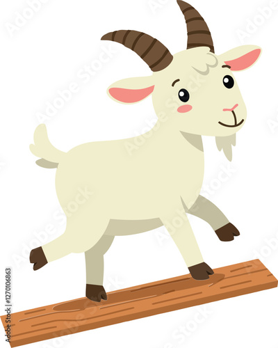 Playful goat balancing on a wooden plank in flat vector art