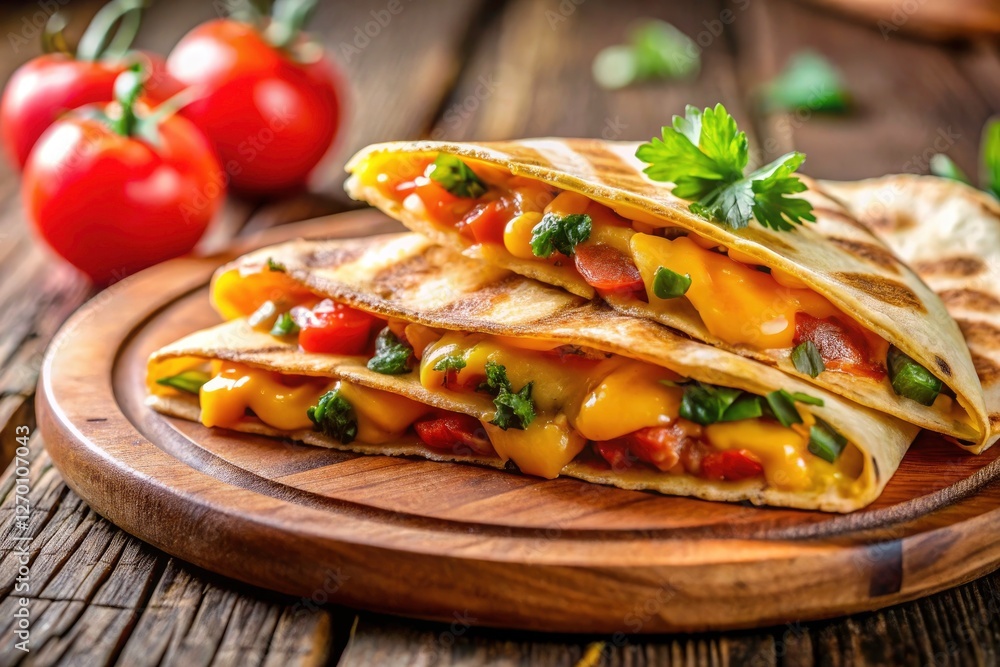 Rustic wooden platter showcases a cheesy, crispy quesadilla. A simple, delicious Mexican delight. Rustic wooden platter showcases a cheesy, crispy quesadilla. A simple, delicious Mexican delight.