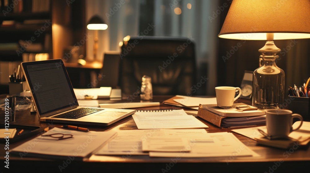 Obraz premium Cozy workspace with a laptop, documents, and a cup of coffee in warm light