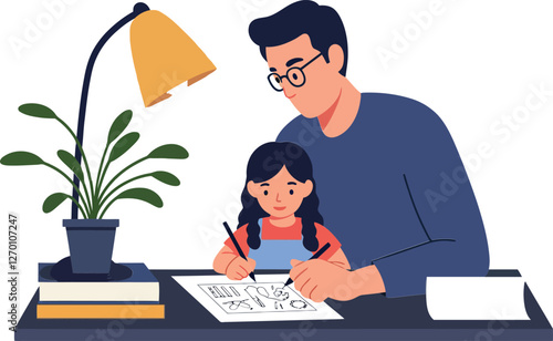 Father and daughter studying together in flat vector illustration