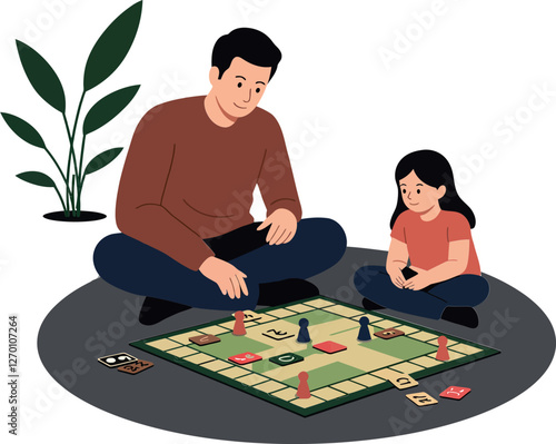 Father and daughter enjoying game time in minimal vector illustration