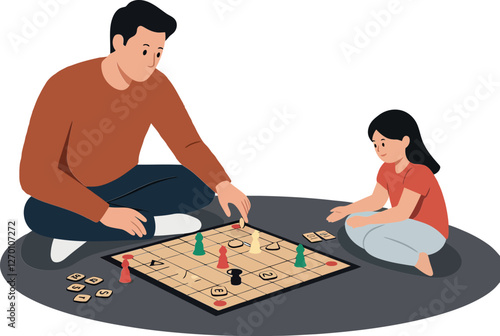 Father and daughter enjoying a board game in flat vector art