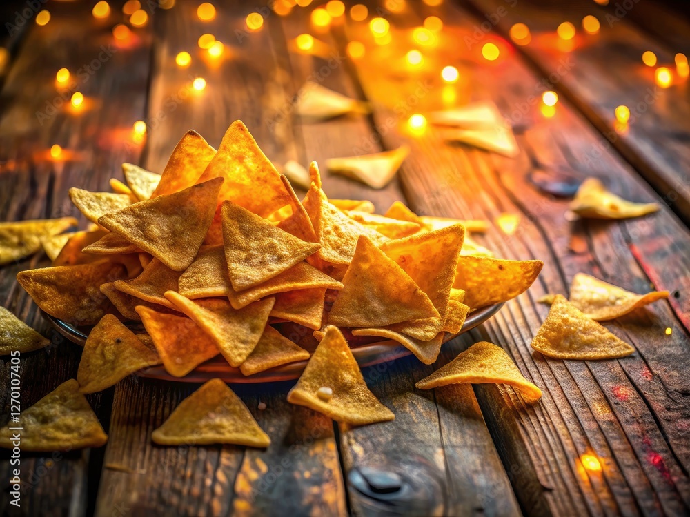 Rustic wood, surreal tortilla chip art; a dreamlike food image unfolds. Rustic wood, surreal tortilla chip art; a dreamlike food image unfolds.