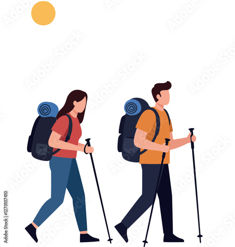 Two hikers walking with backpacks in flat vector illustration