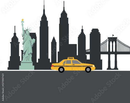 Yellow taxi cab in front of New York City skyline flat vector art
