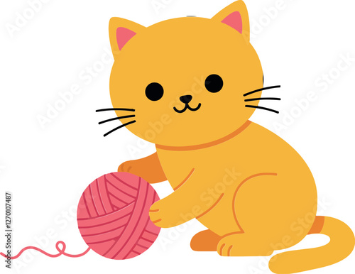 Cute orange cat playing with pink yarn in flat vector art