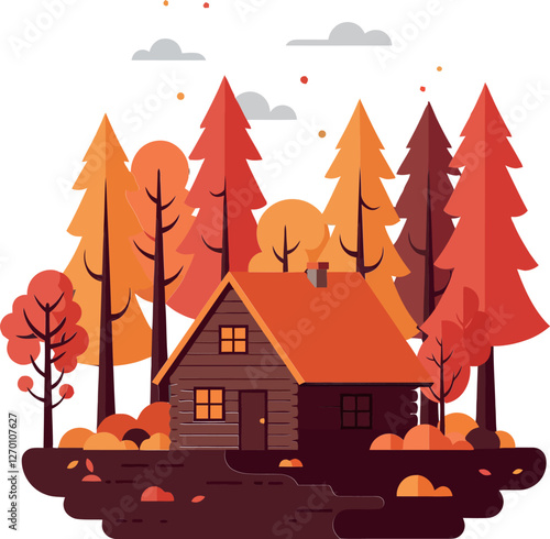 Cozy wooden cabin surrounded by autumn trees in flat vector art