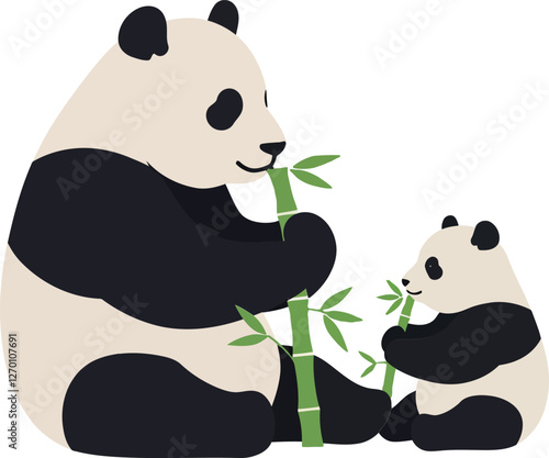 Cute panda family enjoying bamboo in flat vector illustration
