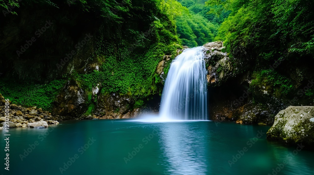 Tranquil Waterfall Surrounded by Lush Green Forest Landscape Tranquil Waterfall Surrounded by Lush Green Forest Landscape