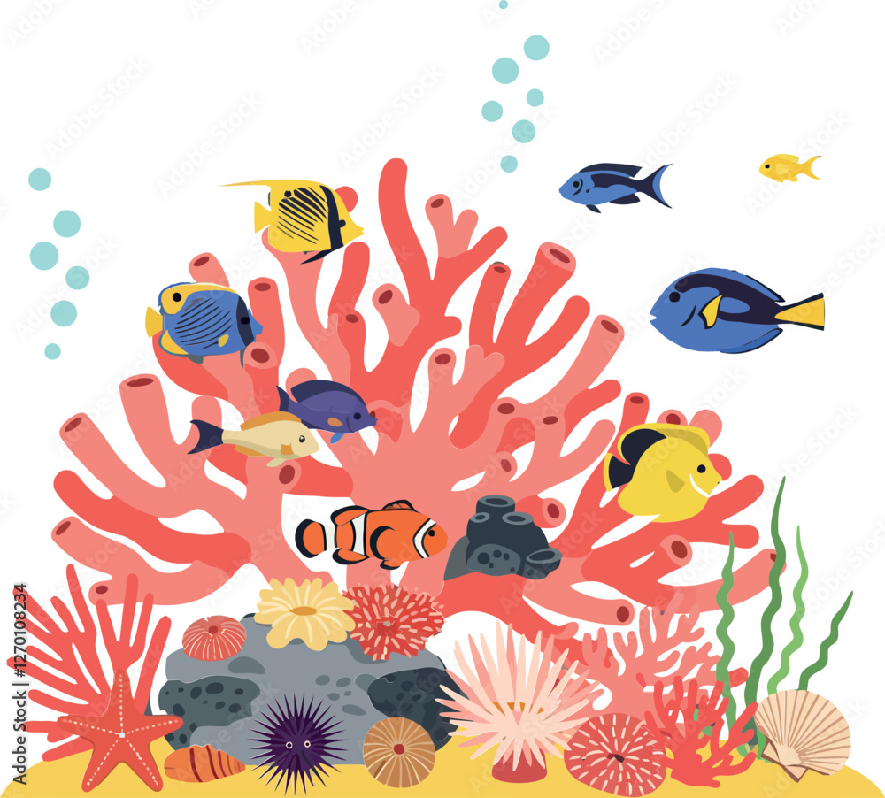 Fototapeta premium Colorful coral reef scene with vibrant fish in flat vector art