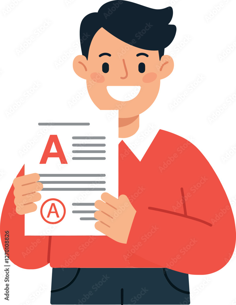 Happy student celebrating success with graded paper in flat vector art Happy student celebrating success with graded paper in flat vector art