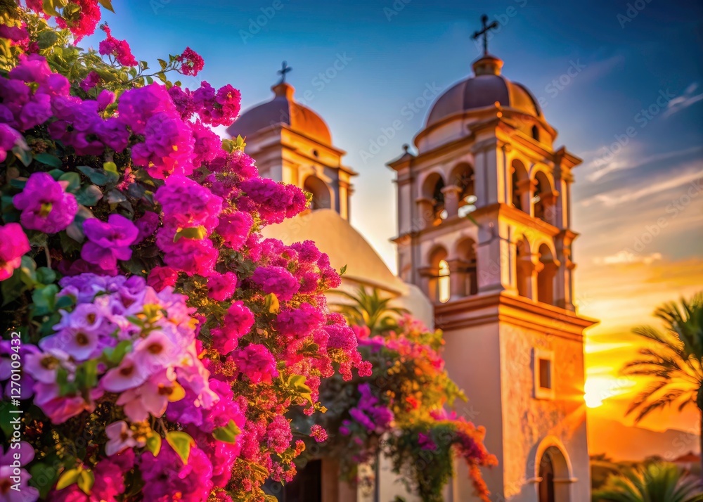 Obraz premium San Jose del Cabo's mission church: a breathtaking portrait bathed in the rich hues of Mexican bougainvillea.