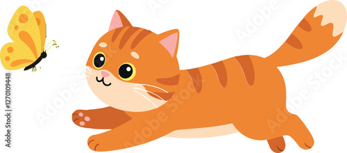 Cute orange cat chasing a butterfly in flat vector art